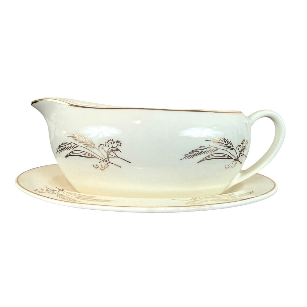 VTG Homer Laughlin Lifetime China Prairie Gold Gravy‎ Boat and Tray Dish
